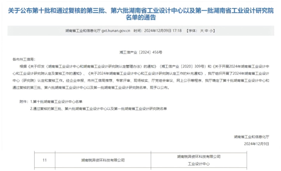 喜报|锐异资环被认定为第十批湖南省企业工业设计中心
