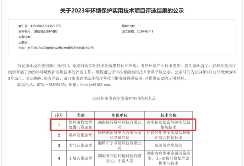固体废物处理处置与资源化技术成功入选2023年湖南省环境保护实用技术项目名录